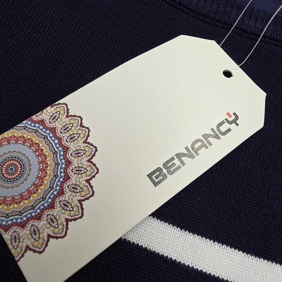 BENANCY Sweater Womens Medium Navy White Striped Crewneck Gold Button Shoulders - Picture 7 of 11